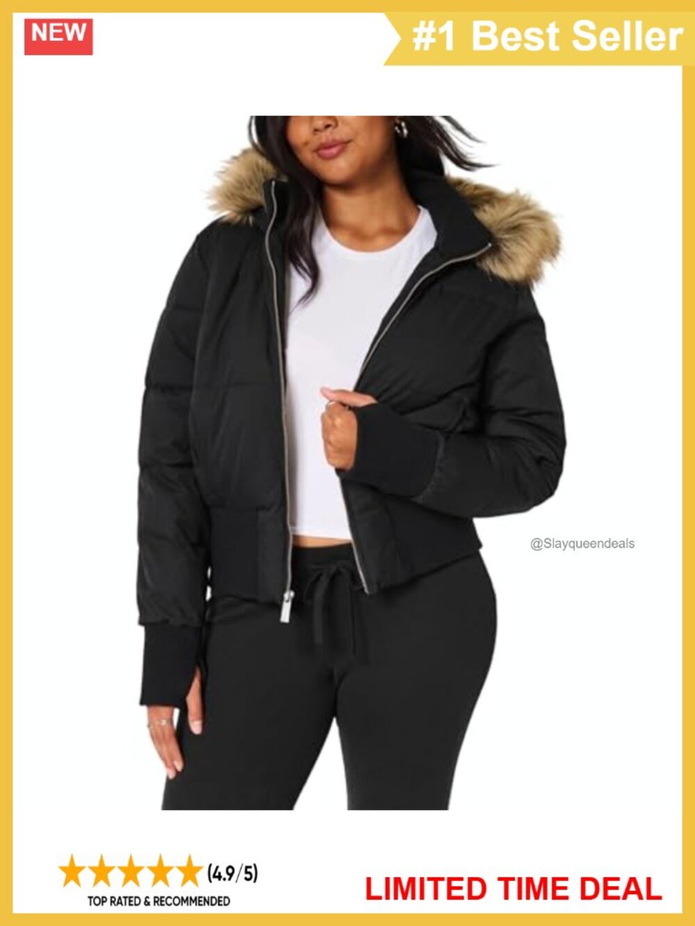 Women's Quilted Puffer Jacket Faux Fur Hood Winter Warm Crop Coat